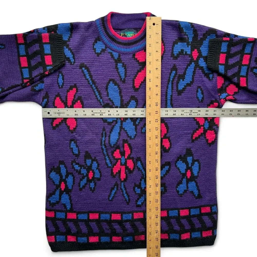 Vintage Abstract Flower Art Pattern Knit Sweater M Contemporary Purple Pink Blue